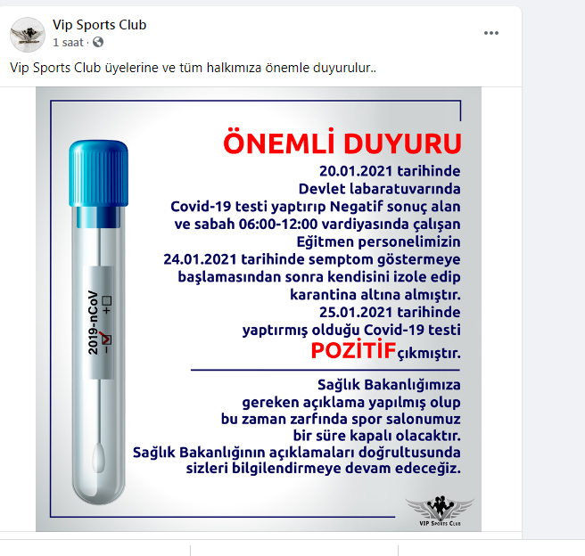 Lefkoşa’da bulunan VIP Sports Club’de çalışan eğitmenin Covid-19 testi pozitif çıktı