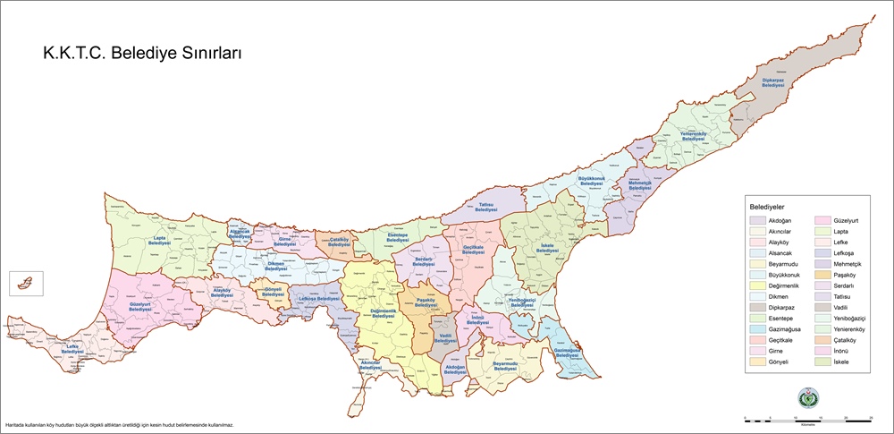 3 bin 355 kilometrekarelik KKTC, idari olarak 6 ilçeye ve 28 belediyeye sahip