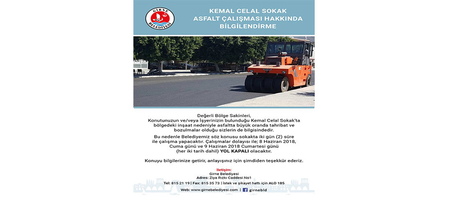 Girne’de Kemal Celal Sokak iki gün trafiğe kapatılacak