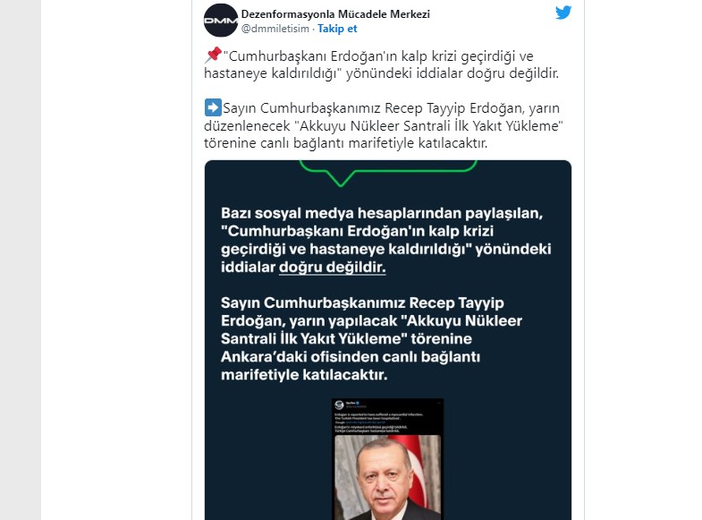 Türkiye Cumhurbaşkanlığı İletişim Başkanlığı’ndan ‘Erdoğan kalp krizi geçirdi’ haberlerine yalanlama